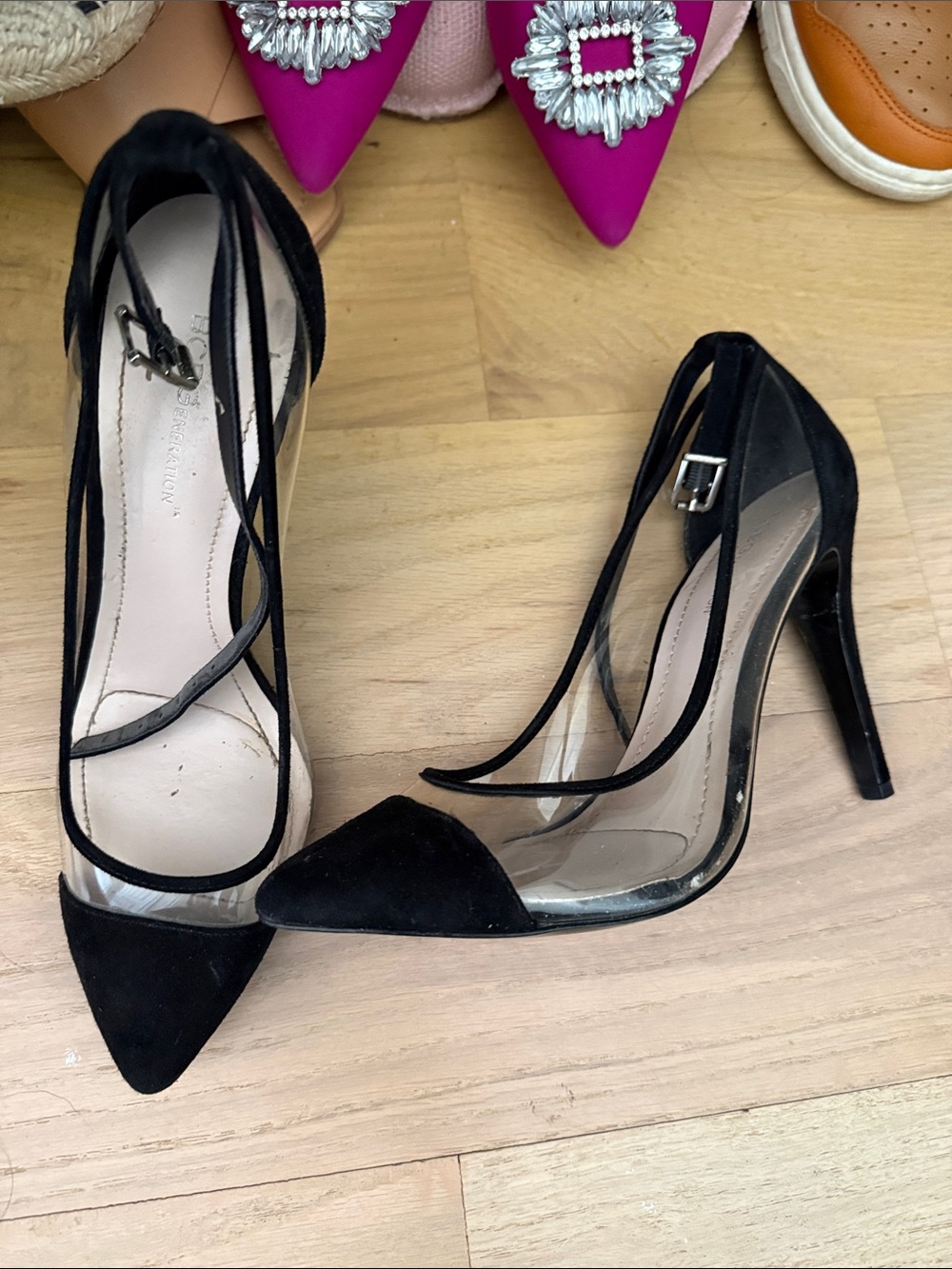 BCBGeneration Black Pointed-Toe Clear Panel Ankle-Strap Heels